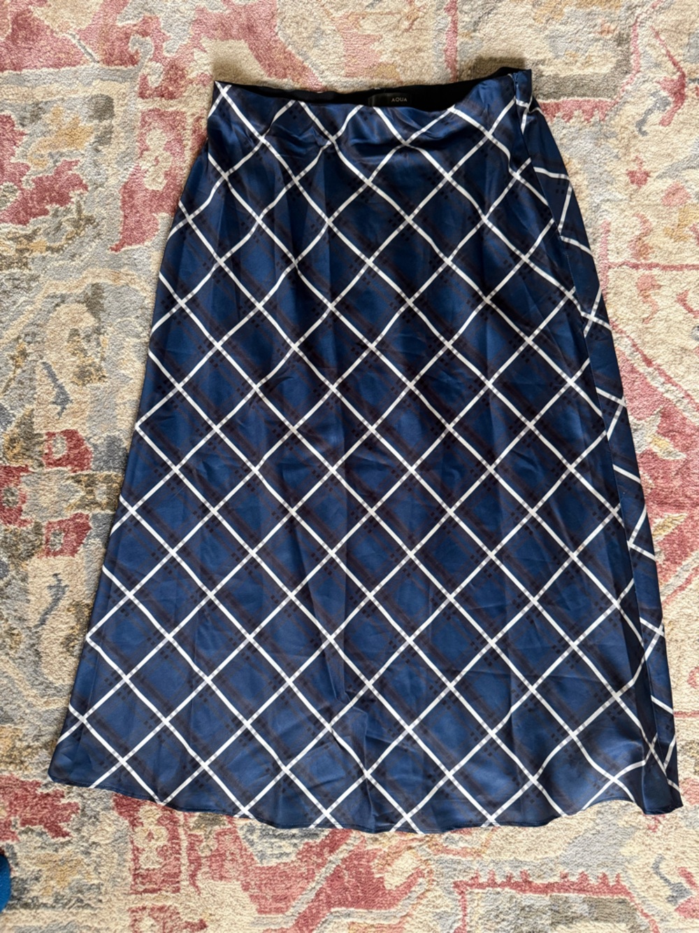Aqua Midi Plaid Silky Blue Diagonal Grid Midi Skirt size Medium